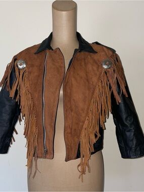 Fringed Two-Tone Faux Suede & Leather Kids' Jacket - Brown/Black XXL WESTERN